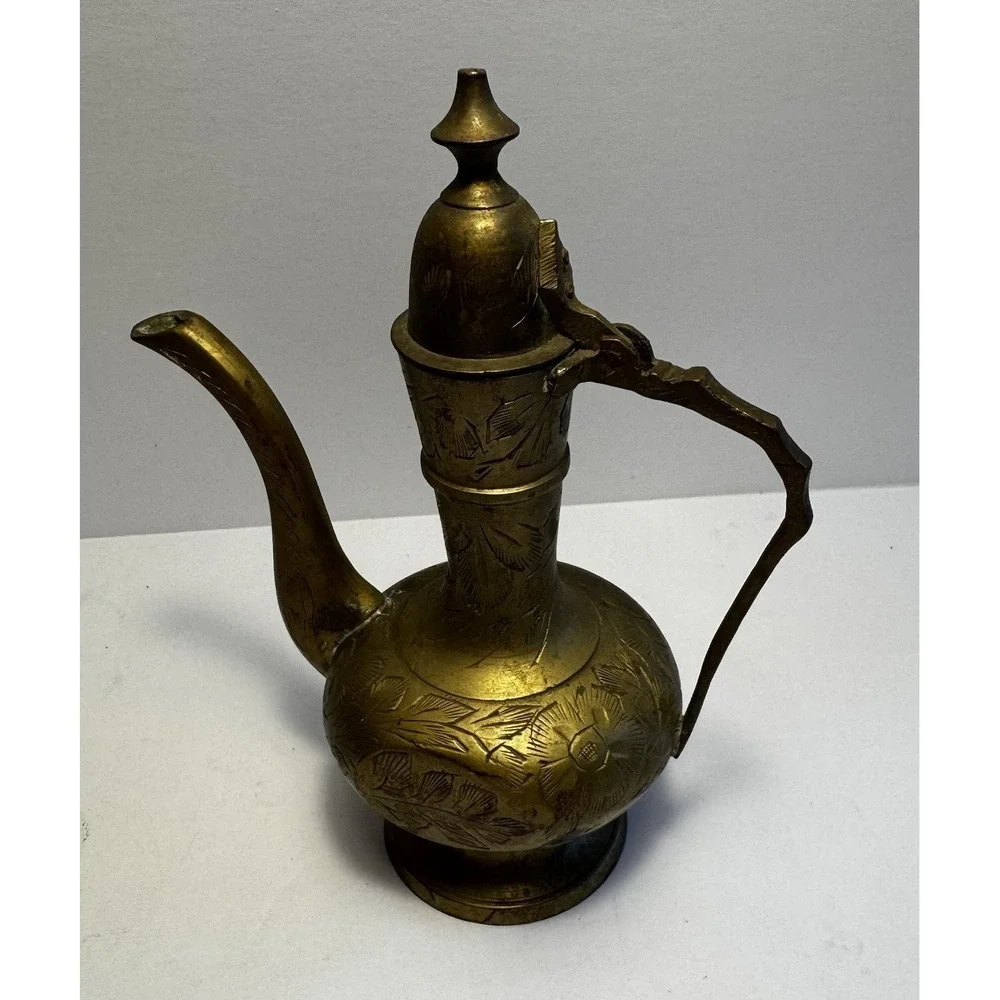 Vintage Mini‎ Brass Genie Oil Pitcher Etched Lid Decanter 6